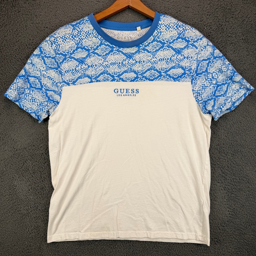 Guess Los Angeles Womens XL Blue White Snakeskin Colorblock Short Sleeve T-Shirt